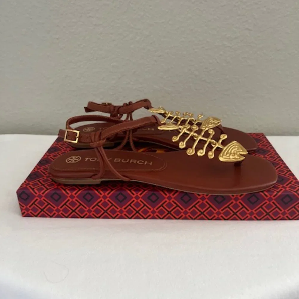 Tory Burch Brown Leather T-Strap Sandals with Gold Hardware - Picture 11 of 11